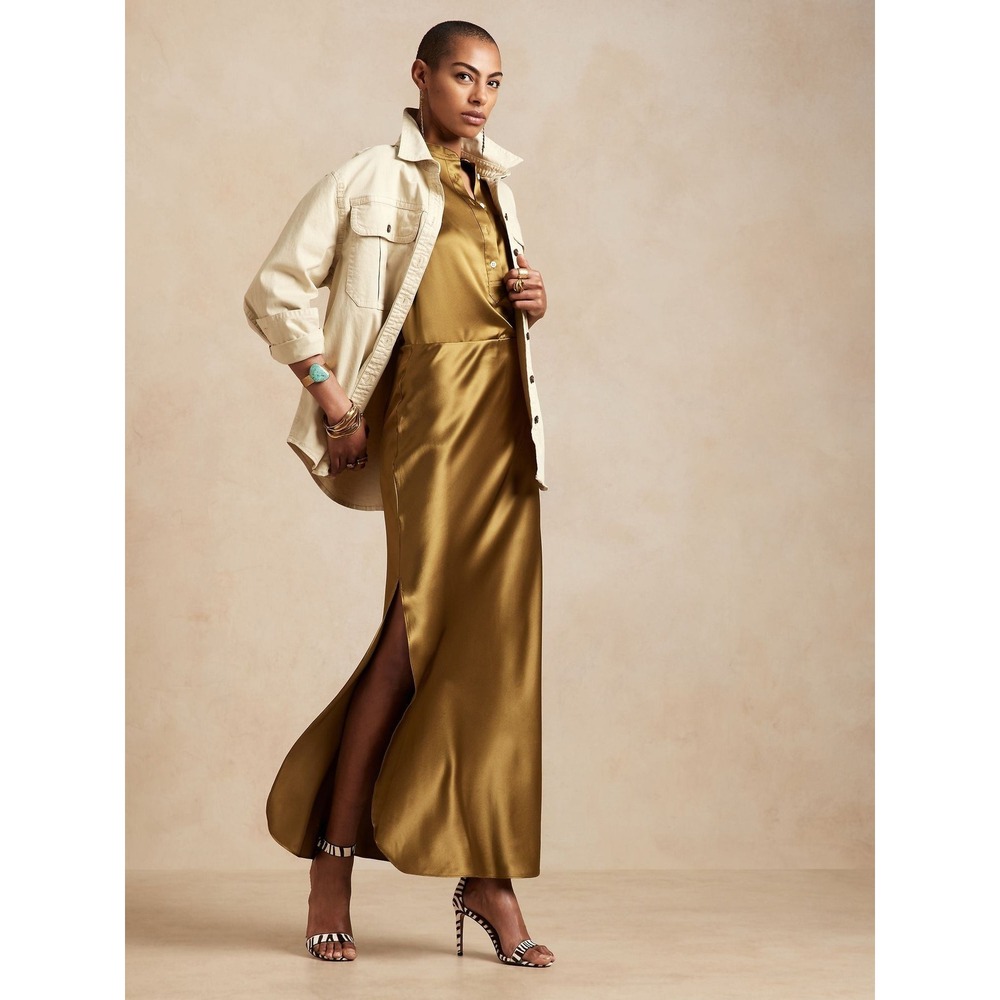 Banana Republic Dreamer Silk Maxi Skirt Large Gold Luxe Minimalist Cocktail NWT